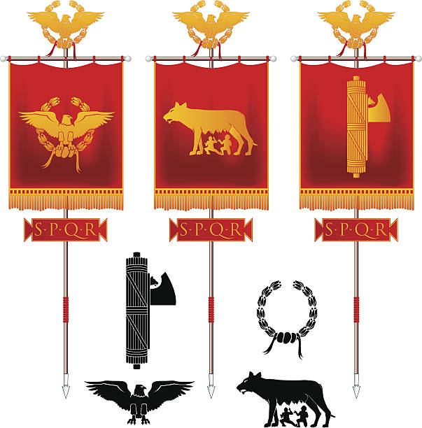Roman Symbols Ancient Roman Symbols: Wolf, Eagle, laurel etc on red flags ancient rome stock illustrations