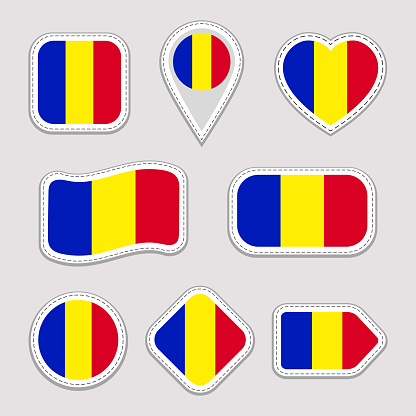 Romania flag stickers set. Romanian national symbols badges. Isolated geometric icons. Vector official flags collection. Sport pages, patriotic, travel, school, design elements. Different shapes.