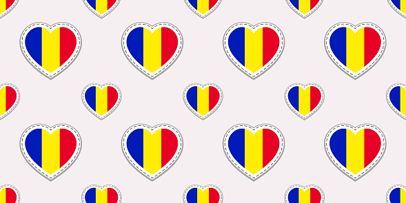 Romania flags background. Vector stickers. Love hearts symbols. Romanian flag seamless pattern. Good choice for sports pages, travel, patriotic, geographic, elements. patriotic wallpaper.