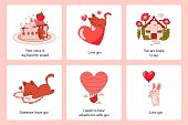 Romantic animals posters. Cartoon greeting cards. Funny cats and rabbits. Cute festive Valentines collection. Kitten giving balloon and bunny with red heart symbol. Vector square holiday banners set