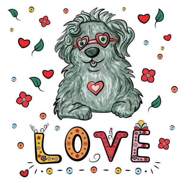 Romantic bobtail dog with glasses for Valentine's Day. Vector illustration. - Vector Vector illustration of a dog on a white background with glasses. bobtail squid stock illustrations