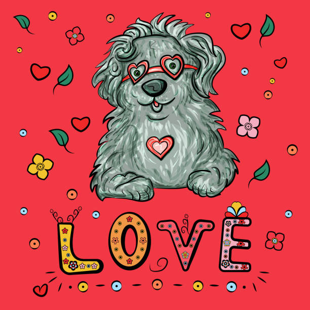 Romantic bobtail dog with heart and glasses, and lettering text Love for Valentine's Day. Vector illustration. - Vector Vector illustration of a dog on a crimson background. bobtail squid stock illustrations