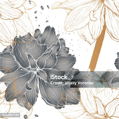 istock Romantic botanical pattern of flowers - Lilies, in gold graphics and in grey fill. 1332957129