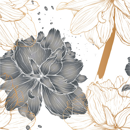 Romantic botanical pattern of flowers - Lilies, in gold graphics and in grey fill.