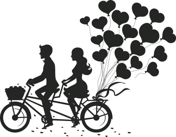 Romantic couple man and woman on a date driving tandem bike with heart balloons silhouette Romantic couple man and woman on a date driving tandem bike with heart balloons silhouette wedding silhouettes stock illustrations