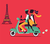Flat vector illustration of a couple silhouettes traveling on a vespa scooter in front of the Eiffel Tower in Paris