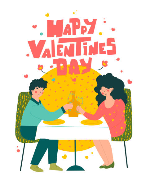 stockillustraties, clipart, cartoons en iconen met romantische datum in restaurant op de dag van de valentijnskaart. de mensenvectorillustratie van het beeldverhaal. - sunset dining