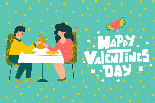 stockillustraties, clipart, cartoons en iconen met romantische datum in restaurant op de dag van de valentijnskaart. de mensenvectorillustratie van het beeldverhaal. - sunset dining