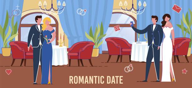 stockillustraties, clipart, cartoons en iconen met romantische date scene met mensen in restaurant. - embrace man woman serious