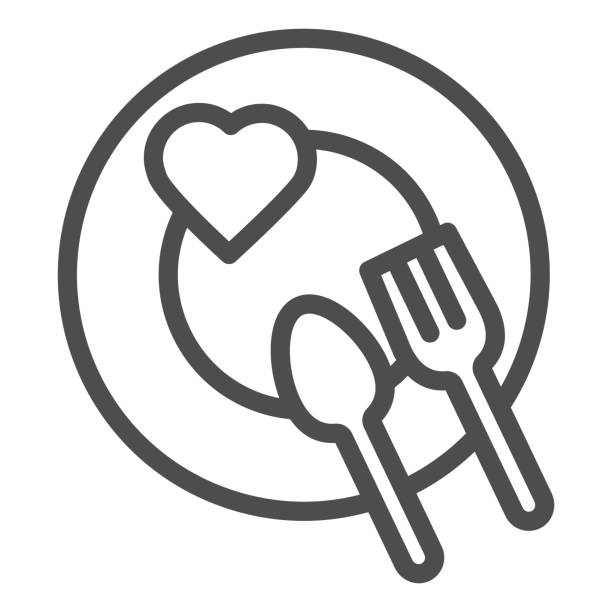 로맨틱 한 저녁 식사 요리 라인 아이콘입니다. 포크와 숟가락 기호 접시에 마음, 흰색 배경에 윤곽 스타일 그림. 모바일 개념 또는 웹 디자인에 대한 발렌타인 데이 기호. 벡터 그래픽. - 메뉴판 일러스트 stock illustrations