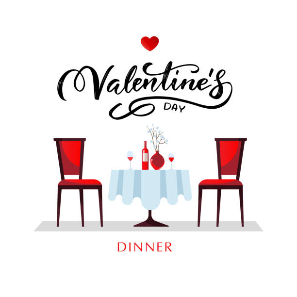 Romantic dinner for Valentine's Day. A table with a white tablecloth, served with glasses, wine and porcelain Flat vector style dinner illustration with lettering. Romantic dinner for Valentine's Day. A table with a white tablecloth, served with glasses, wine and porcelain Flat vector style dinner illustration with lettering date night stock illustrations