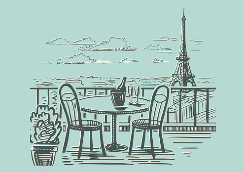 A romantic evening in a cafe on the terrace overlooking Paris. Hand drawn sketch. Vintage style. Vector illustration isolated on color background.