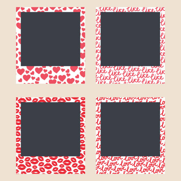 Romantic frames for instant shots. Photo frames with hearts, kiss, text inscriptions to love and like. Set of photo card templates for photographs Romantic frames for instant shots. Photo frames with hearts, kiss, text inscriptions to love and like. Set of photo card templates for photographs. Vector editable illustration selfie borders stock illustrations
