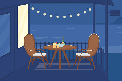 Romantic night at cafe flat color vector illustration