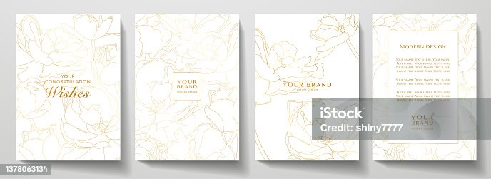istock Romantic spring cover and frame page design set. Golden tulip flower bouquet with line pattern on white 1378063134