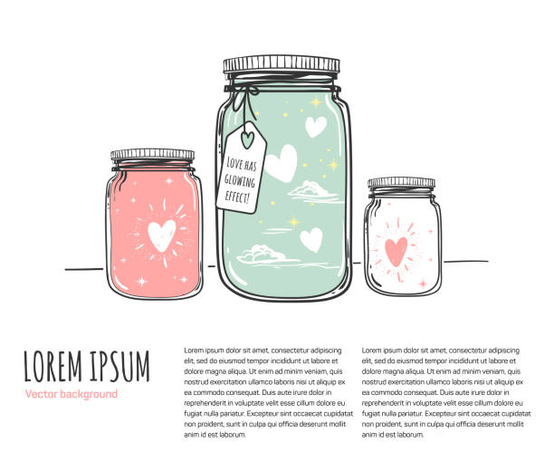 Romantic vector illustration with place for your text. Hand drawn jars and hearts for valentines card. Romantic vector illustration with place for your text. Hand drawn jars and hearts for valentines card, save the date or wedding card. jar stock illustrations