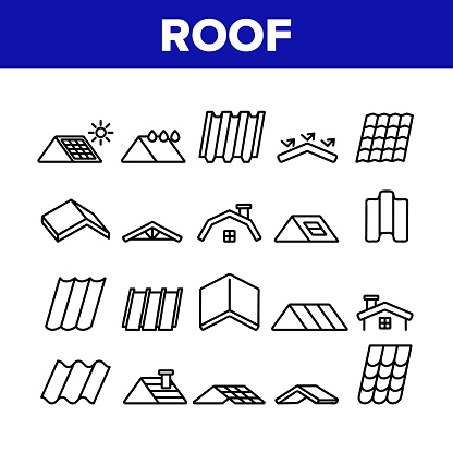 Roof Construction Collection Icons Set Vector Thin Line. Sun Solar Battery On House Roof, Metallic And Tile Roofing Material On Building Top Concept Linear Pictograms. Monochrome Contour Illustrations