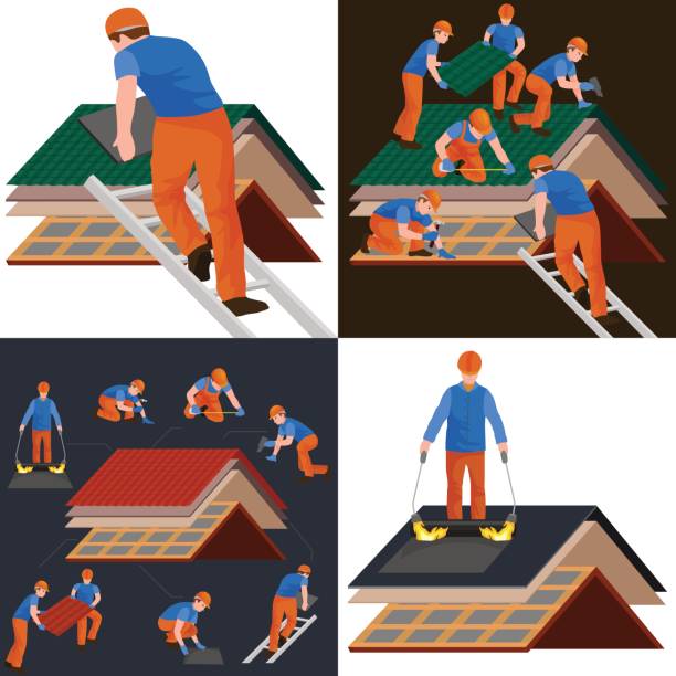 bau arbeiter dachreparatur nach hause, build-struktur, die befestigung auf dem dach-ziegel-haus mit labor ausrüstung, dachdecker männer mit arbeitsgeräten in händen im freien sanierung wohn-vektor-illustration - dachdämmung stock-grafiken, -clipart, -cartoons und -symbole