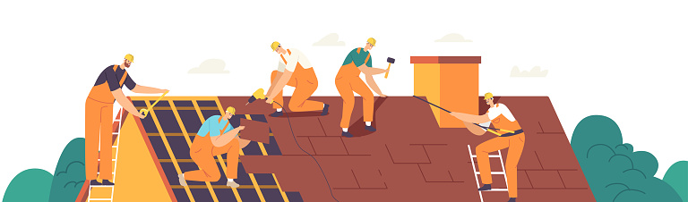 Roof Construction Workers Characters Conduct Roofing Works, Repair Home, Build Structure, Fixing Rooftop Tile House
