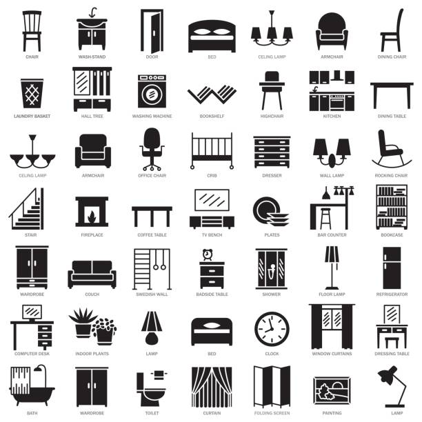 Room furniture silhouette icons set Room modern interior indoor furniture silhouette icons set illustration bed furniture silhouettes stock illustrations