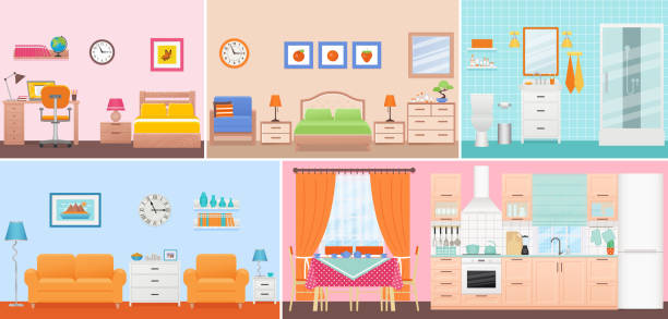 Room interiors. Vector illustration in flat design. Cartoon house. Room interiors. Vector. Living room, bedroom, bathroom, nursery, dining, kitchen in flat design. Home inside. Cartoon domestic apartment with window. House hotel equipment, furniture. Set illustration kitchen clipart stock illustrations