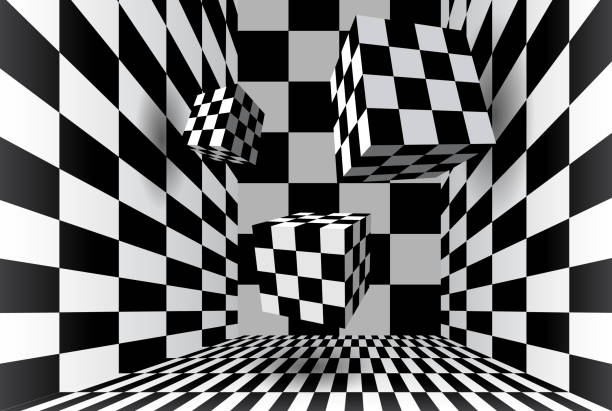 Room with checkered cubes Abstract room with three flying checkered cubes chess borders stock illustrations