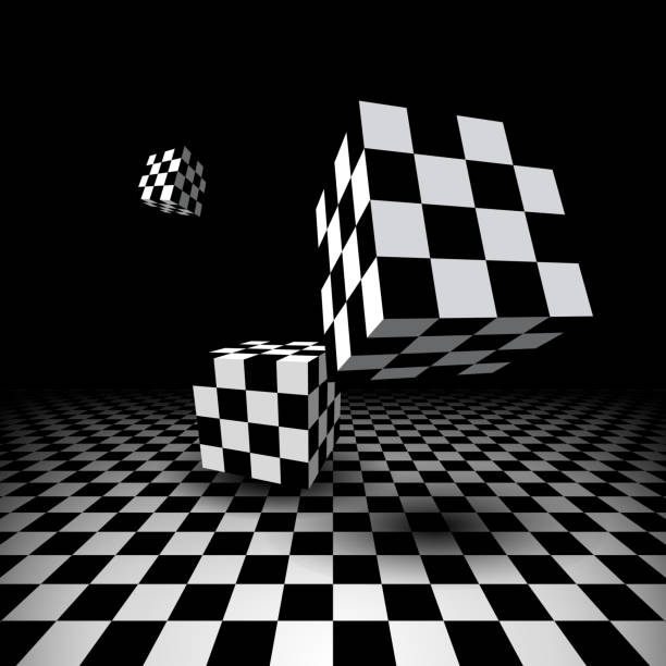 Room with checkered cubes Abstract room with three flying checkered cubes chess borders stock illustrations