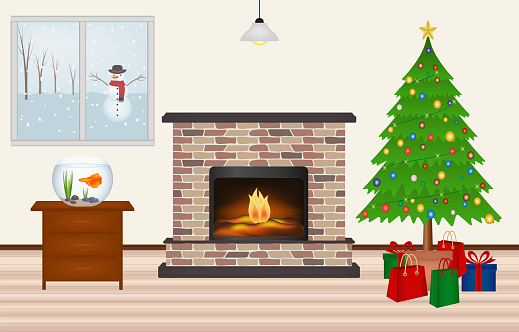 Room with Christmas tree and gifts and snowman on the window. Winter Christmas scene, vector illustration