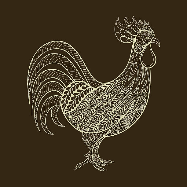 Rooster, Chicken, domestic farmer Bird for Coloring pages Rooster, Chicken, domestic farmer Bird for Coloring pages,  illustration for adult anti stress Coloring books or tattoos with high details isolated on brown background. Vector bird sketch barcelos stock illustrations