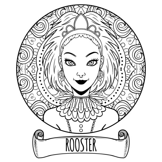 Rooster Chinese zodiac sign artwork as beautiful girl, adult coloring book page, vector illustration Rooster Chinese zodiac sign artwork as beautiful girl, adult coloring book page, vector illustration drawing of the bull head tattoo designs stock illustrations
