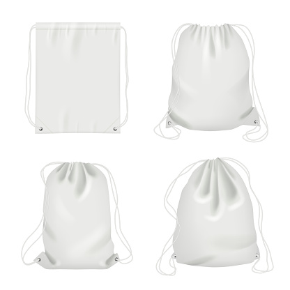 Rope bag. Sport fabric white shoulder drawstring package vector realistic collection