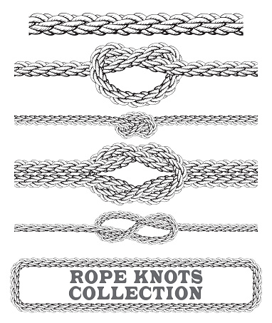 Rope knots collection. Overhand, Figure of eight and square knot.