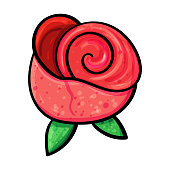 Beautiful rose flower. Red rose bud in cartoon style. Vector doodle illustration