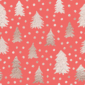 Rose Gold Colored Christmas Seamless Pattern with Hand Drawn Pine Trees. Christmas and New Year Greeting Card Background Template, Christmas Present Wrapping Paper.