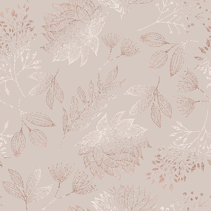Rose Gold Colored Floral Seamless Pattern with Hand Drawn Leaves, Bloosoms and Branches. Christmas and New Year Greeting Card Background Template, Christmas Present Wrapping Paper.  Rose Gold Foil Vector Design Element for Birthday, New Year, Christmas Ca