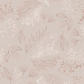 Rose Gold Colored Floral Seamless Pattern with Hand Drawn Leaves, Bloosoms and Branches. Christmas and New Year Greeting Card Background Template, Christmas Present Wrapping Paper.  Rose Gold Foil Vector Design Element for Birthday, New Year, Christmas Card, Wedding Invitation.