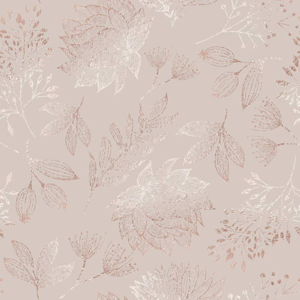 Rose Gold Colored Floral Seamless Pattern with Hand Drawn Leaves, Bloosoms and Branches. Christmas and New Year Greeting Card Background Template, Christmas Present Wrapping Paper.  Rose Gold Foil Vector Design Element for Birthday, New Year, Christmas Ca Rose Gold Colored Floral Seamless Pattern with Hand Drawn Leaves, Bloosoms and Branches. Christmas and New Year Greeting Card Background Template, Christmas Present Wrapping Paper.  Rose Gold Foil Vector Design Element for Birthday, New Year, Christmas Card, Wedding Invitation. rose gold foil stock illustrations