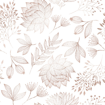 Rose Gold Colored Floral Seamless Pattern with Hand Drawn Leaves, Bloosoms and Branches. Christmas and New Year Greeting Card Background Template, Christmas Present Wrapping Paper.