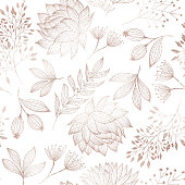 istock Rose Gold Colored Floral Seamless Pattern with Hand Drawn Leaves, Bloosoms and Branches. Christmas and New Year Greeting Card Background Template, Christmas Present Wrapping Paper. 1291576300