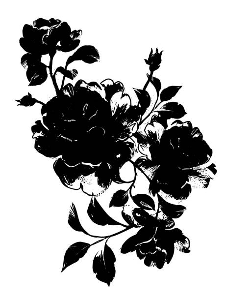 Roses bouquet made of ink tattoo Silhouette Silhouette made of roses and petals. Flat botanical illustration. Black vector flowers bouquet on white background. Sketch style. anniversary silhouettes stock illustrations