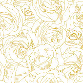 Roses bud outlines. Seamless pattern with flowers in yellow and golden colors. Abstract art, hand-drawn romantic background. Vector illustration, eps10. Template for textile, wrap paper, covers.