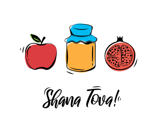 Rosh Hashanah greeting card. Shana Tova, Jewish New Year holiday. Honey jar, apple and pomegranate. Vector illustration. EPS10