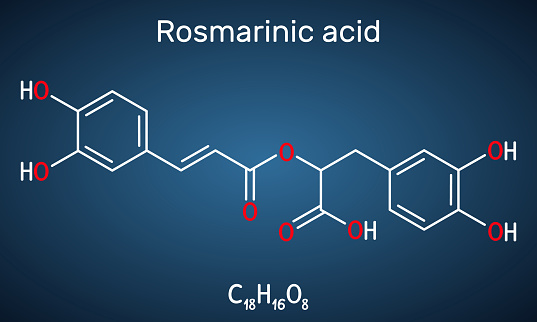 ロスマリン酸、分子。ポリフェノール、フェニルプロパノイド、モノカルボン酸、非ステロイド系抗炎症薬、抗酸化剤、セリンプロテイナーゼ阻害剤である。濃い青色の背景 - イラスト素材...