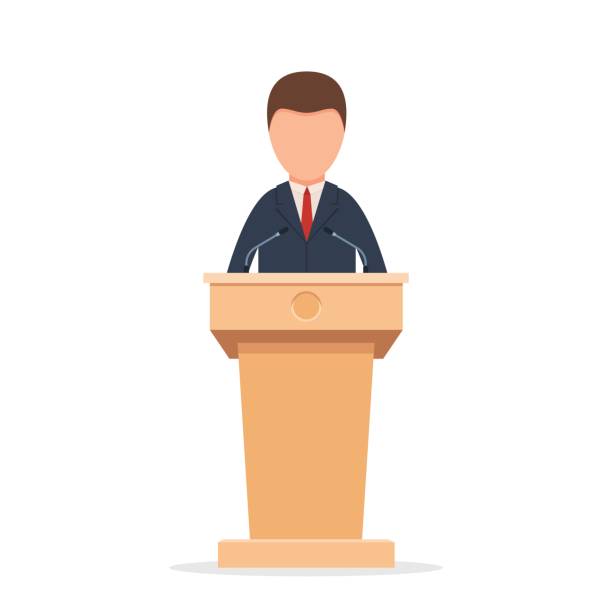 Rostrum with speaker Wooden podium tribune rostrum stand with a man. Speaker standing behind the podium, speaking into the microphones. Flat icon. Vector illustration isolated on white background president stock illustrations