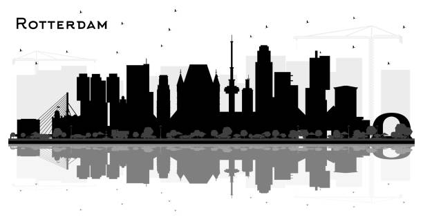 stockillustraties, clipart, cartoons en iconen met rotterdam nederland stad skyline silhouet met reflecties en zwarte gebouwen geïsoleerd op wit. - rotterdam