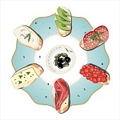 Round plate with bruschetta, black and green olives on white background. Food illustration.