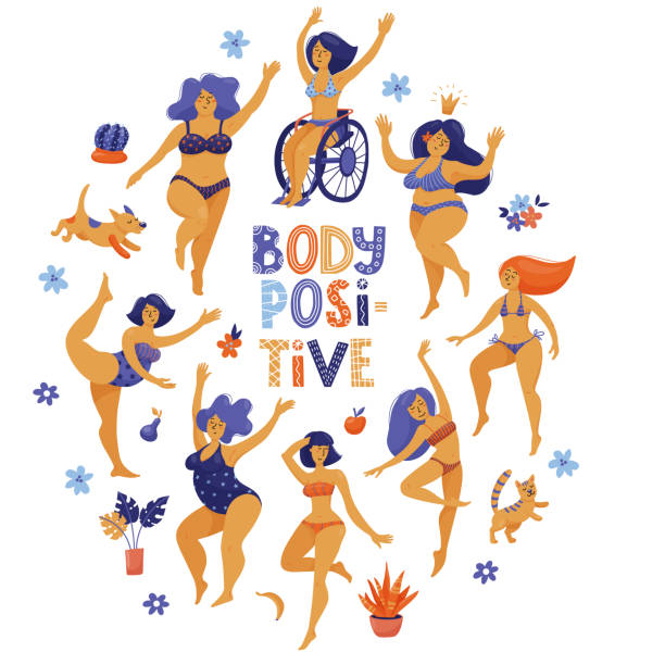 Round body positive banner with dancing girls Round body positive, self acceptance banner, poster design with happy slim and plus size women in bikini dancing, flat vector illustration isolated on white background, Body positive round banner positive body image stock illustrations