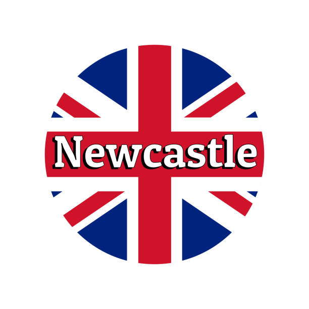 stockillustraties, clipart, cartoons en iconen met ronde knop icoon van de nationale vlag van het verenigd koninkrijk van groot-brittannië. union jack op de witte achtergrond met belettering van de stad naam newcastle. opschrift voor logo, banner, t-shirt print. - newcastle united
