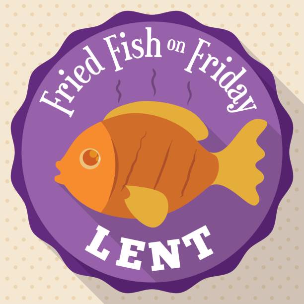 Round Button with Fried Fish Design for Lent Round Button with delicious traditional fried fish for Lent celebration in flat style and long shadow effect. lent stock illustrations