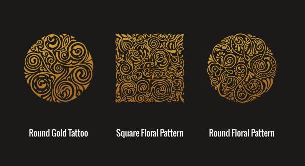 Round calligraphic emblem. Vector floral symbol for cafe Round calligraphic royal gold emblem set. Vector floral symbol for cafe, restaurant, shop, print, stamp. Logo design template label for coffee, tea, business card. Isolated gothic tattoo ornament tree frog drawing stock illustrations
